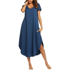 image:imageEkouaer Long Nightgowns for Women Short Sleeve House Dress with Pockets V Neck Sleepshirts Side Split Sleepwear S4XLNavy Blue