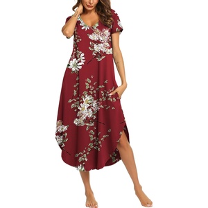 image:imageEkouaer Long Nightgowns for Women Short Sleeve House Dress with Pockets V Neck Sleepshirts Side Split Sleepwear S4XLWine Red Floral