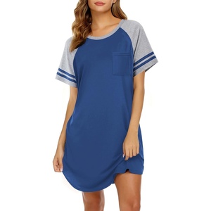 image:imageEkouaer Nightgowns for Women Short Sleeve Sleepshirts Crew Neck Nightshirts Color Block Pajamas Dress Soft SleepwearBlue