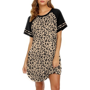 image:imageEkouaer Nightgowns for Women Short Sleeve Sleepshirts Crew Neck Nightshirts Color Block Pajamas Dress Soft SleepwearLeopard Print