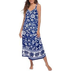 image:imageEkouaer Womens Sleeveless Nightgown Full Slip Nightshirt Print Nightwear Full Length Loungewear Soft NightdressBlue Bohemian Flowers