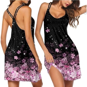 image:imageEkouaer Womens V Neck Sleeveless NightgownBlack Pink Flower