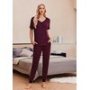image:imageEkouaer Pajamas for Women Set 2 Piece Lounge Set Short Sleeve Pjs Joggers Long Pants Sleepwear with PocketsDark Redblack