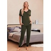 image:imageEkouaer Pajamas for Women Set 2 Piece Lounge Set Short Sleeve Pjs Joggers Long Pants Sleepwear with PocketsDeep Army Green