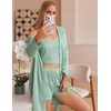 image:imageEkouaer Pajamas for Women Set 3 Piece Lounge Set Soft Pajama Sets Waffle Knit Tank Top and Shorts Cardigan with Pockets SXXLGrey Green