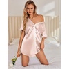 image:imageEkouaer Satin Nightgowns for Women Button Down Nightshirts Silk Sleepshirts Short Sleeve Boyfriend Sleepwear SXXXLChampagne Stripe