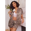 image:imageEkouaer Womens Satin Silk Pajamas Set Short Sleeve Sleepwear Button Down Top and Shorts Loungewear 2 Piece Pjs Set SXXLBrown Leopard