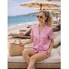 image:imageEkouaer Womens Satin Silk Pajamas Set Short Sleeve Sleepwear Button Down Top and Shorts Loungewear 2 Piece Pjs Set SXXLPineapple Coconut Tree