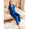 image:imageEkouaer Womens Silk Pajama Sets Silky Short Sleeve Pjs 2 Piece Silk Button Down Pajamas Soft Satin Pj Pants SetNavy Blue