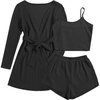 image:imageEkouaer Pajamas for Women Set 3 Piece Lounge Set Soft Pajama Sets Waffle Knit Tank Top and Shorts Cardigan with Pockets SXXLBlack