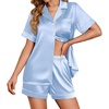 image:imageEkouaer Womens Satin Silk Pajamas Set Short Sleeve Sleepwear Button Down Top and Shorts Loungewear 2 Piece Pjs Set SXXLLight Blue