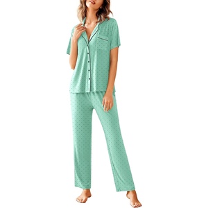 image:imageAvidlove Women Pajamas Set Notch Collar Soft Sleepwear Pjs Short Sleeve Button Down Nightwear with Long PantsBgreen With Black Dots