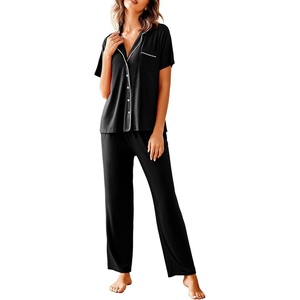 image:imageAvidlove Women Pajamas Set Notch Collar Soft Sleepwear Pjs Short Sleeve Button Down Nightwear with Long PantsBlack