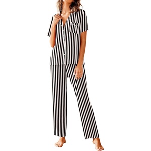 image:imageAvidlove Women Pajamas Set Notch Collar Soft Sleepwear Pjs Short Sleeve Button Down Nightwear with Long PantsBlack Stripe