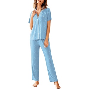 image:imageAvidlove Women Pajamas Set Notch Collar Soft Sleepwear Pjs Short Sleeve Button Down Nightwear with Long PantsBlight Blue With White Dots