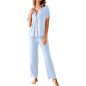 image:imageAvidlove Women Pajamas Set Notch Collar Soft Sleepwear Pjs Short Sleeve Button Down Nightwear with Long PantsBlue Stripe