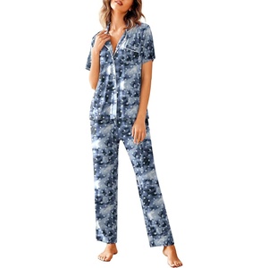 image:imageAvidlove Women Pajamas Set Notch Collar Soft Sleepwear Pjs Short Sleeve Button Down Nightwear with Long PantsBlue Tiedye White Stars