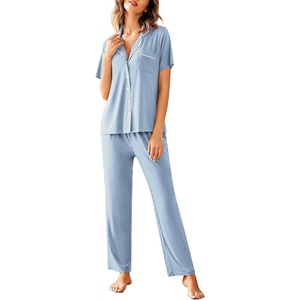 image:imageAvidlove Women Pajamas Set Notch Collar Soft Sleepwear Pjs Short Sleeve Button Down Nightwear with Long PantsBlue With Black Dots