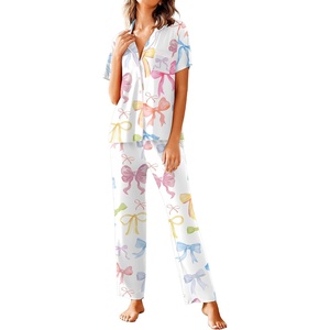 image:imageAvidlove Women Pajamas Set Notch Collar Soft Sleepwear Pjs Short Sleeve Button Down Nightwear with Long PantsBow Colorful