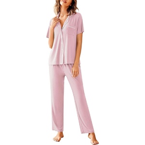 image:imageAvidlove Women Pajamas Set Notch Collar Soft Sleepwear Pjs Short Sleeve Button Down Nightwear with Long PantsBpink With White Dots