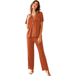 image:imageAvidlove Women Pajamas Set Notch Collar Soft Sleepwear Pjs Short Sleeve Button Down Nightwear with Long PantsCaremel