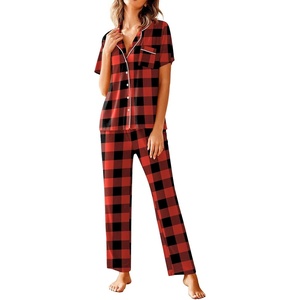 image:imageAvidlove Women Pajamas Set Notch Collar Soft Sleepwear Pjs Short Sleeve Button Down Nightwear with Long PantsCred Plaid