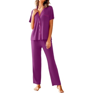 image:imageAvidlove Women Pajamas Set Notch Collar Soft Sleepwear Pjs Short Sleeve Button Down Nightwear with Long PantsEggplant Purple