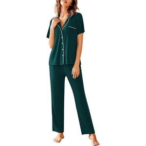 image:imageAvidlove Women Pajamas Set Notch Collar Soft Sleepwear Pjs Short Sleeve Button Down Nightwear with Long PantsGreen