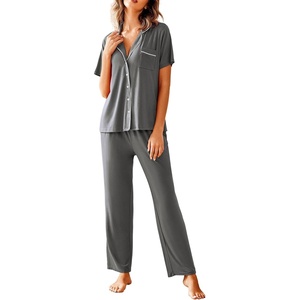 image:imageAvidlove Women Pajamas Set Notch Collar Soft Sleepwear Pjs Short Sleeve Button Down Nightwear with Long PantsGrey