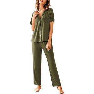 image:imageAvidlove Women Pajamas Set Notch Collar Soft Sleepwear Pjs Short Sleeve Button Down Nightwear with Long PantsNarmy Green