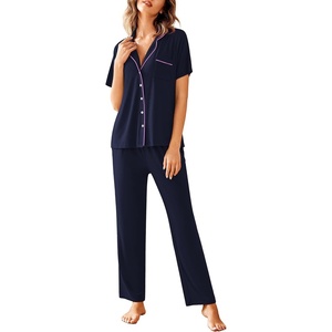 image:imageAvidlove Women Pajamas Set Notch Collar Soft Sleepwear Pjs Short Sleeve Button Down Nightwear with Long PantsNavy Blue