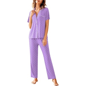 image:imageAvidlove Women Pajamas Set Notch Collar Soft Sleepwear Pjs Short Sleeve Button Down Nightwear with Long PantsPurple With White Dots