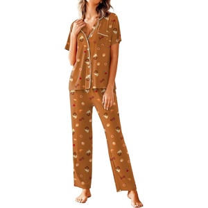 image:imageAvidlove Women Pajamas Set Notch Collar Soft Sleepwear Pjs Short Sleeve Button Down Nightwear with Long PantsTeddy Bear Dessertbrown