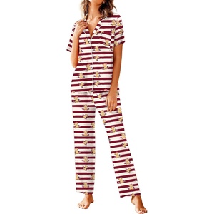 image:imageAvidlove Women Pajamas Set Notch Collar Soft Sleepwear Pjs Short Sleeve Button Down Nightwear with Long PantsTeddy Bear Red Apricot Striped