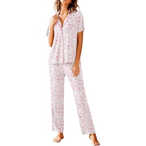 image:imageAvidlove Women Pajamas Set Notch Collar Soft Sleepwear Pjs Short Sleeve Button Down Nightwear with Long PantsWhite With Pink  Green Floral Print