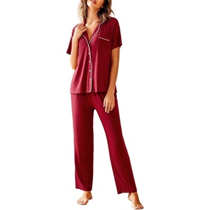 image:imageAvidlove Women Pajamas Set Notch Collar Soft Sleepwear Pjs Short Sleeve Button Down Nightwear with Long PantsWine Red