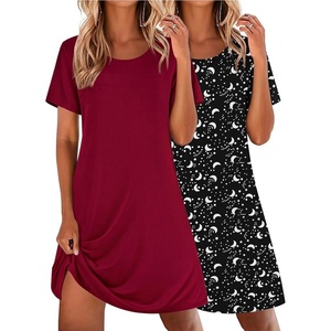 image:imageEkouaer 2 Pack Nightgowns for Women Sleepshirt Short Sleeve Night Shirts Soft Sleep Dress Classic NightDress SXXLBlack Starwine Red