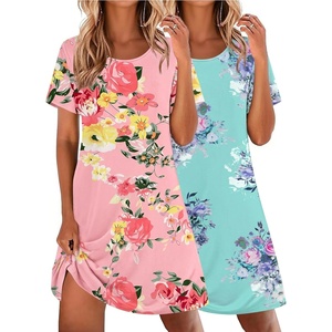 image:imageEkouaer 2 Pack Nightgowns for Women Sleepshirt Short Sleeve Night Shirts Soft Sleep Dress Classic NightDress SXXLPink Flowerblue Flower