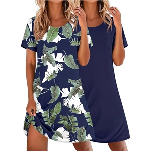 image:imageEkouaer 2 Pack Nightgowns for Women Sleepshirt Short Sleeve Night Shirts Soft Sleep Dress Classic NightDress SXXLTropical Leafnavy Blue