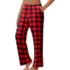 image:imageEkouaer Pajama Pants Women 2026 Soft Casual Lounge Pajama Bottoms Comfy Stretch Sleep Pants Wide Leg Pj Bottoms with PocketsBlack Red Plaid