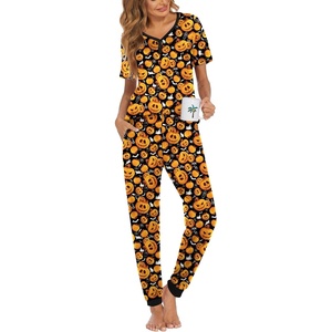 image:imageEkouaer Pajamas for Women Set 2 Piece Lounge Set Short Sleeve Pjs Joggers Long Pants Sleepwear with PocketsBlack Halloween
