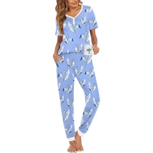 image:imageEkouaer Pajamas for Women Set 2 Piece Lounge Set Short Sleeve Pjs Joggers Long Pants Sleepwear with PocketsBlue Flowers