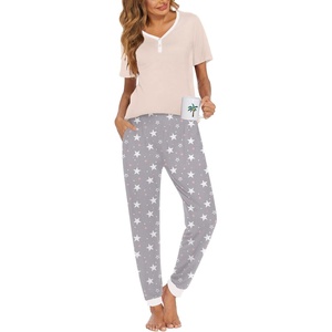 image:imageEkouaer Pajamas for Women Set 2 Piece Lounge Set Short Sleeve Pjs Joggers Long Pants Sleepwear with PocketsChampagnegery Star