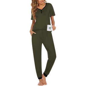 image:imageEkouaer Pajamas for Women Set 2 Piece Lounge Set Short Sleeve Pjs Joggers Long Pants Sleepwear with PocketsDeep Army Green