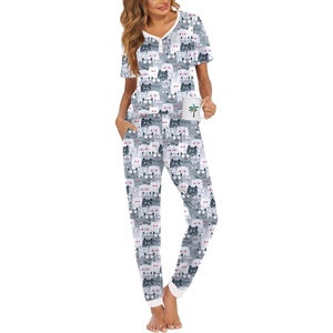 image:imageEkouaer Pajamas for Women Set 2 Piece Lounge Set Short Sleeve Pjs Joggers Long Pants Sleepwear with PocketsGery Cat