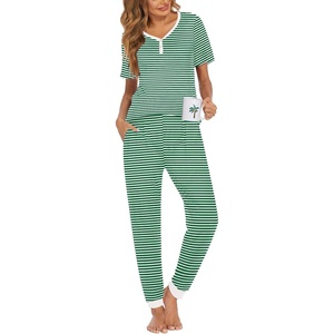 image:imageEkouaer Pajamas for Women Set 2 Piece Lounge Set Short Sleeve Pjs Joggers Long Pants Sleepwear with PocketsGreen Stripe