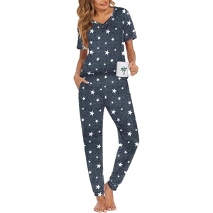 image:imageEkouaer Pajamas for Women Set 2 Piece Lounge Set Short Sleeve Pjs Joggers Long Pants Sleepwear with PocketsGrey Stars