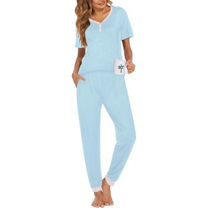 image:imageEkouaer Pajamas for Women Set 2 Piece Lounge Set Short Sleeve Pjs Joggers Long Pants Sleepwear with PocketsLight Blue