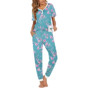 image:imageEkouaer Pajamas for Women Set 2 Piece Lounge Set Short Sleeve Pjs Joggers Long Pants Sleepwear with PocketsLight Blue Flower