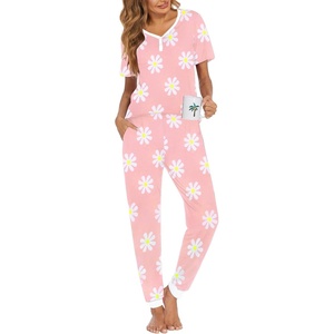 image:imageEkouaer Pajamas for Women Set 2 Piece Lounge Set Short Sleeve Pjs Joggers Long Pants Sleepwear with PocketsPink Flower